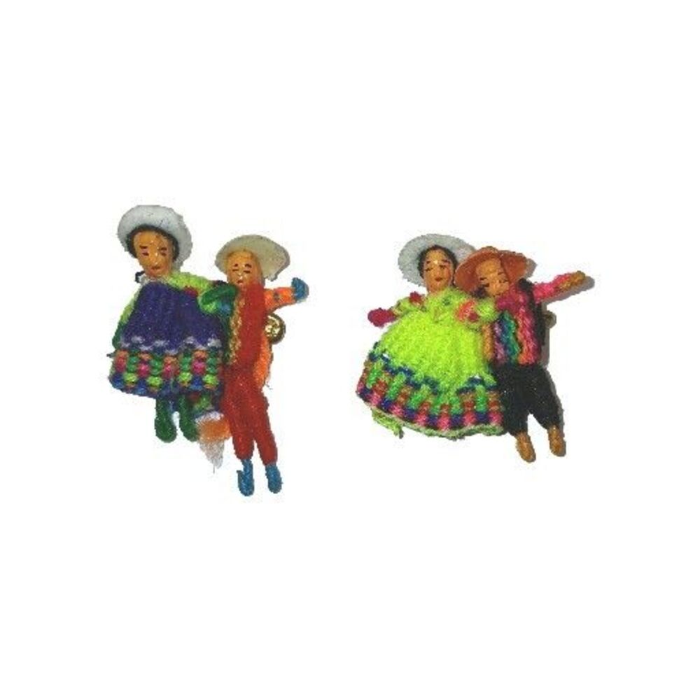 Vintage Handmade Worry Doll Couple Pin Brooch Peru Guatemala Tiny Dolls